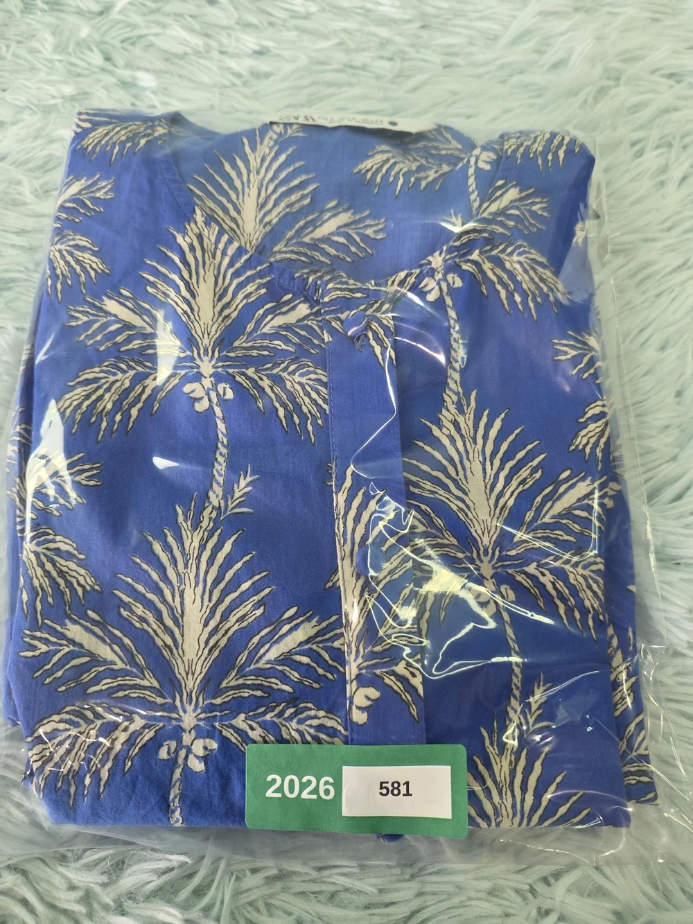 Zara Blue‎ Palm Tree Print Blouse ZW Collection Size S Puff Sleeve Button Up Top